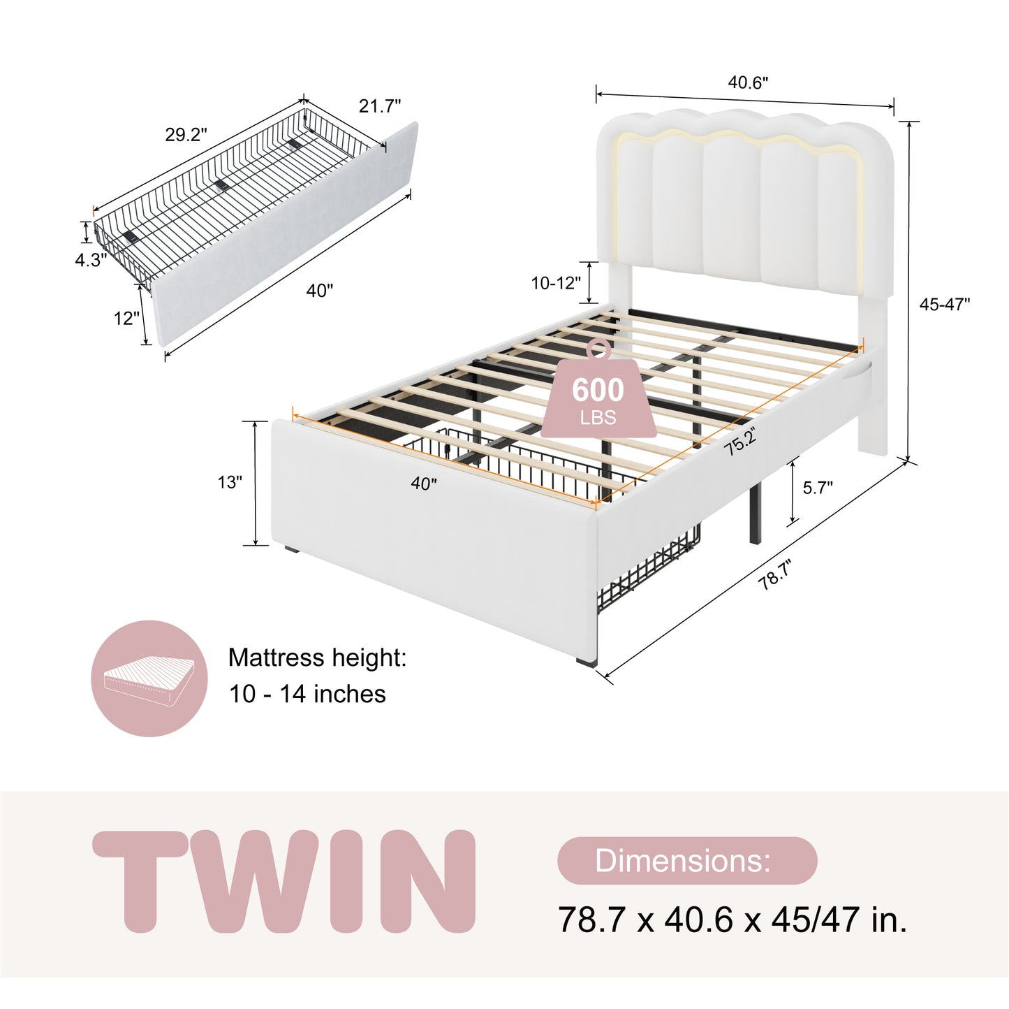 Amolife LED Bed Frame with Drawer, Velvet Upholstered Platform Bed Frame with Adjustable Wavy Headboard