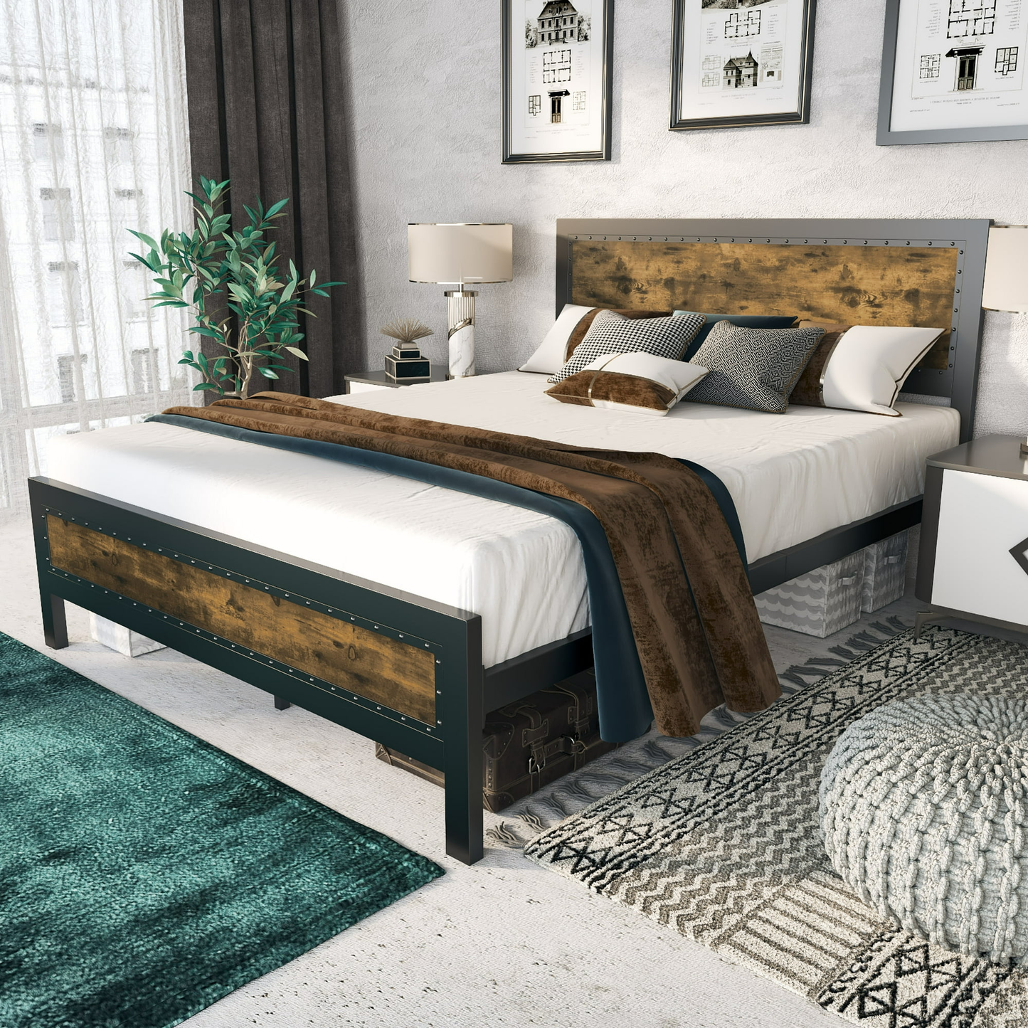 Heavy Duty Metal Bed Frame with Rivet Wooden Headboard & Footboard, Strong Steel Slats Support