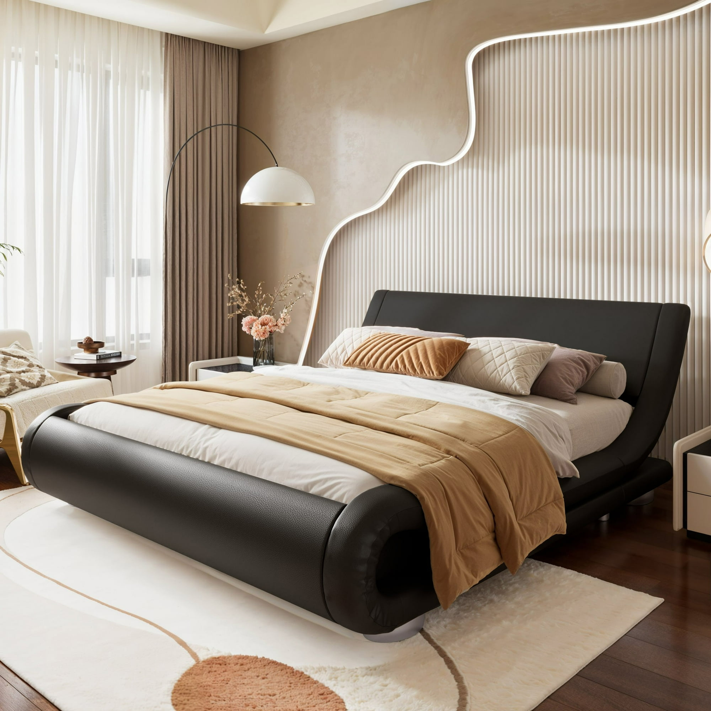 Faux Leather Upholstered Bed with Curved Adjustable Headboard, 10'' Mattress Recommended
