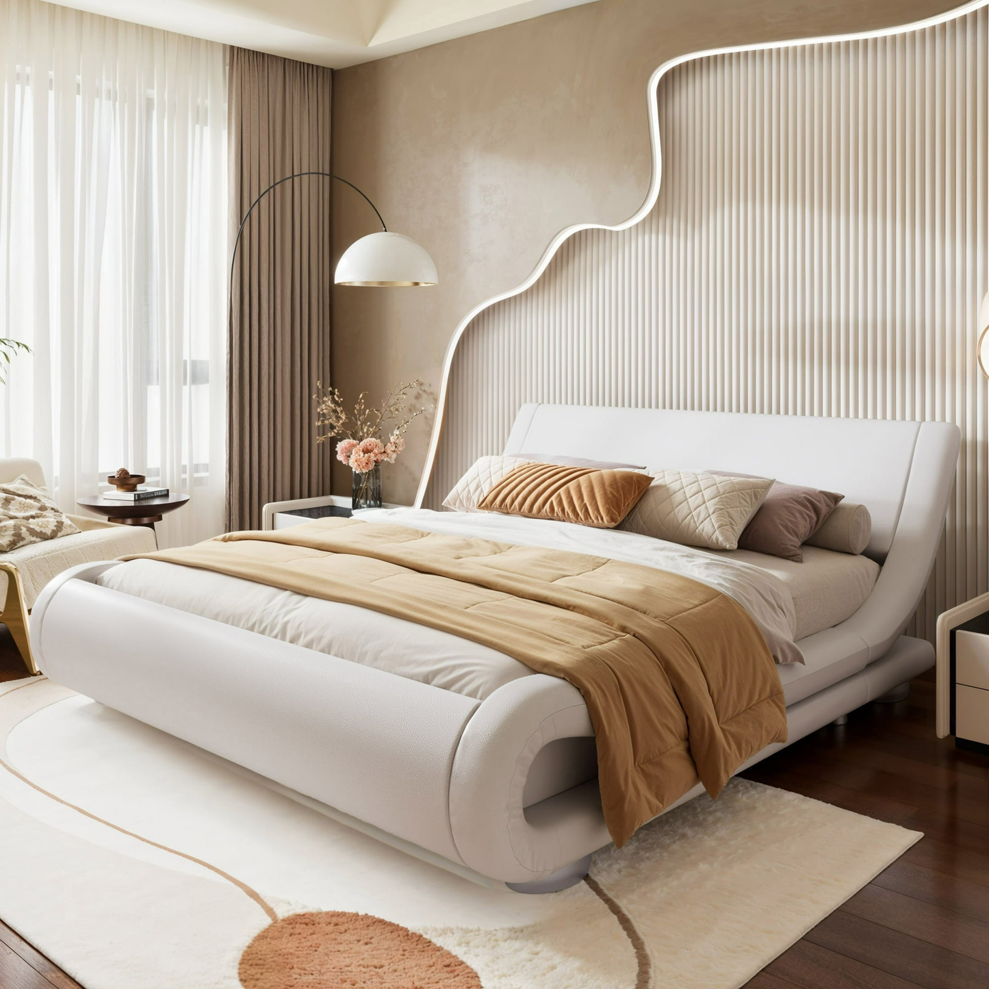 Faux Leather Upholstered Bed with Curved Adjustable Headboard, 10'' Mattress Recommended