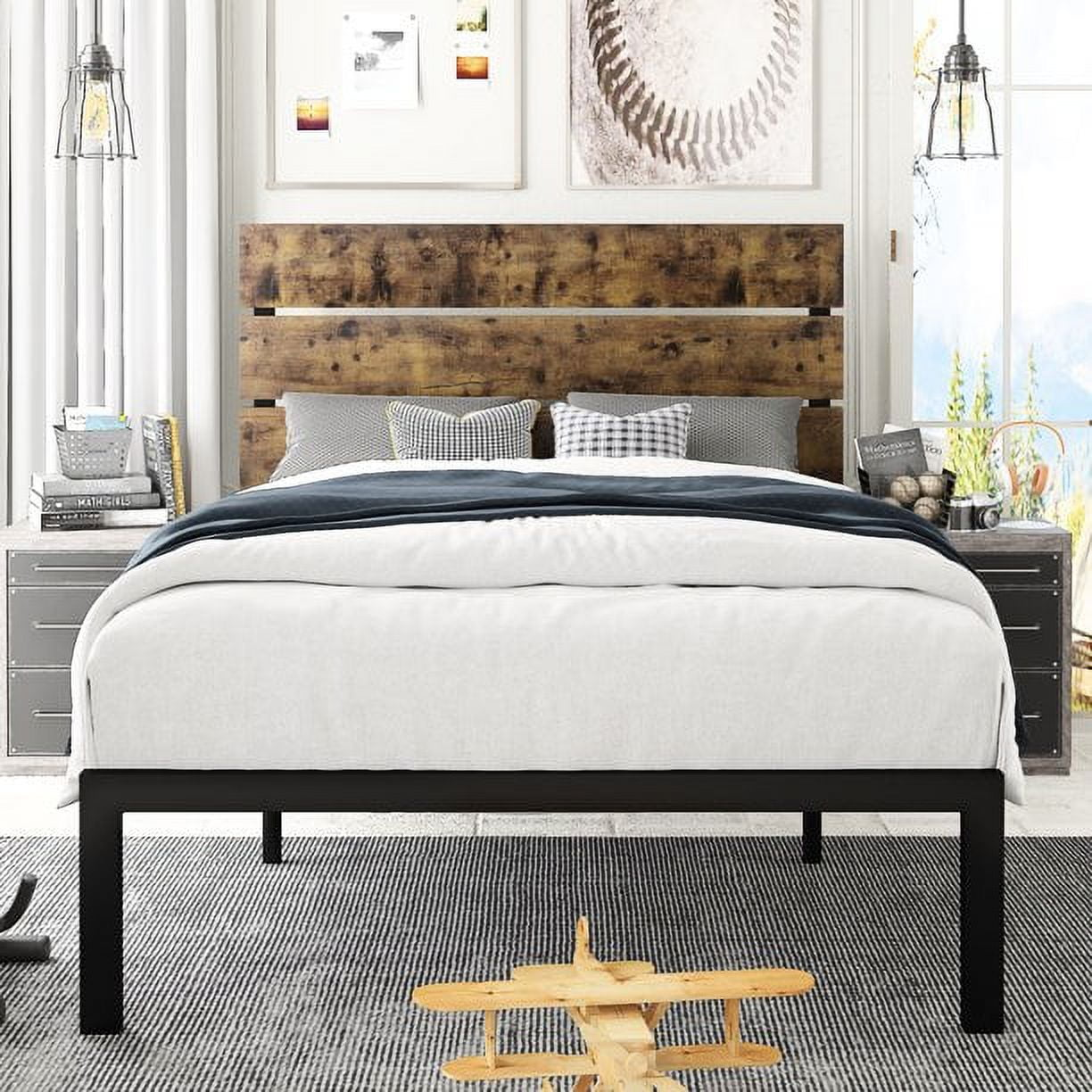 Platform Bed Frame with Wood headboard and Metal Slats / Rustic Country Style Mattress Foundation