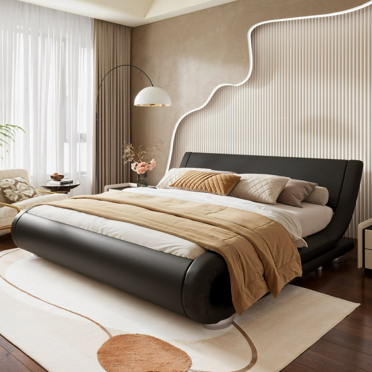 Faux Leather Upholstered Bed with Curved Adjustable Headboard, 10'' Mattress Recommended