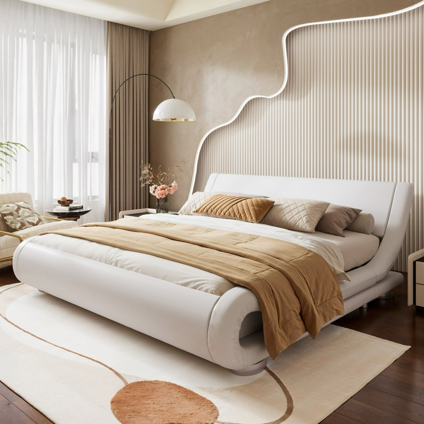 Faux Leather Upholstered Bed with Curved Adjustable Headboard, 10'' Mattress Recommended