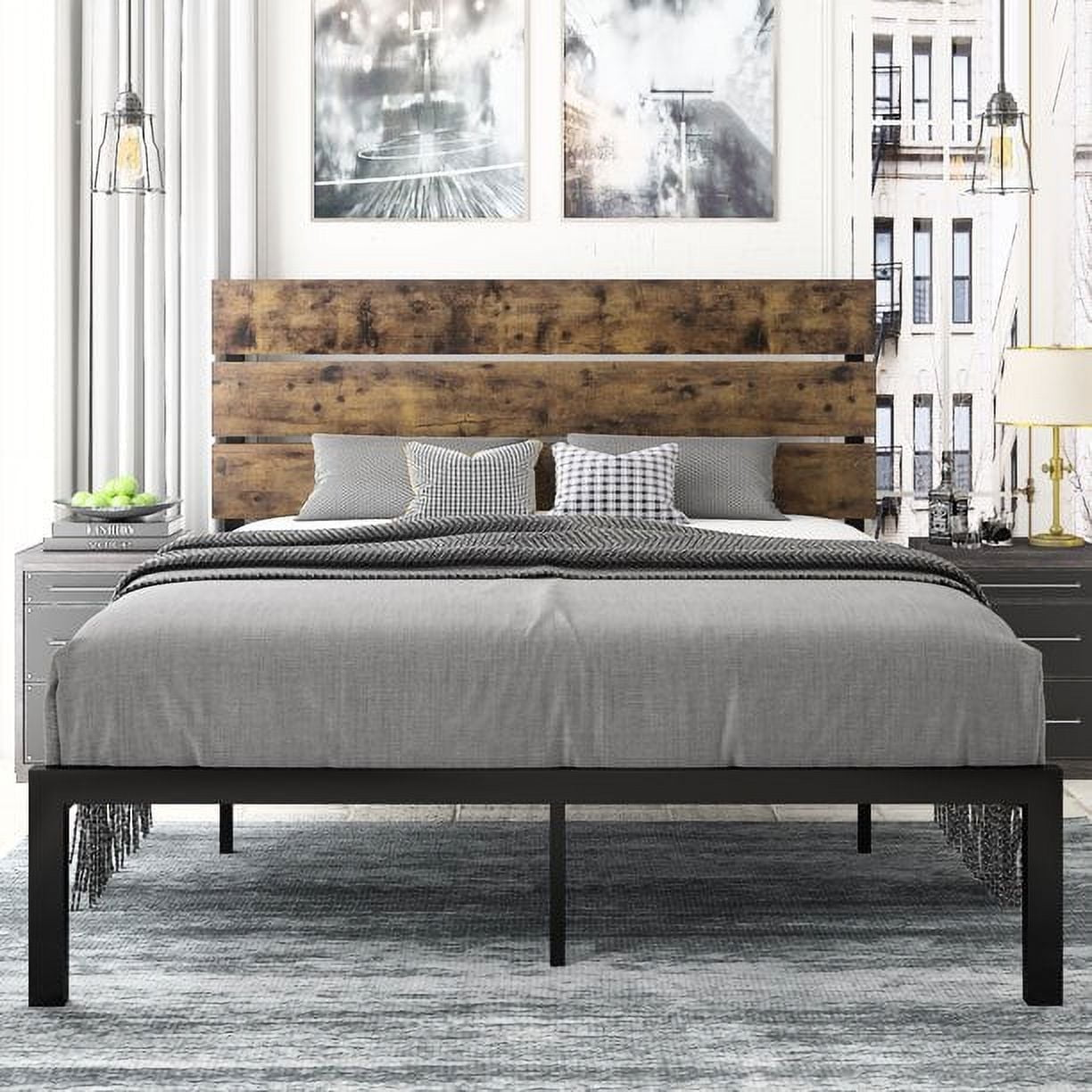 Platform Bed Frame with Wood headboard and Metal Slats / Rustic Country Style Mattress Foundation