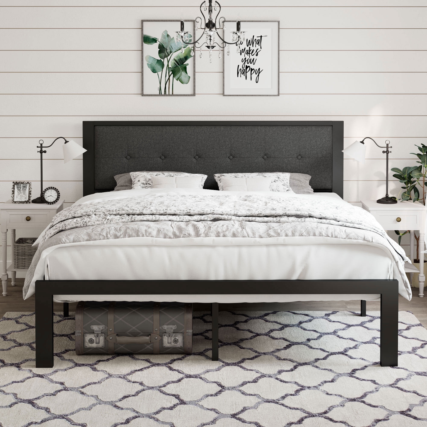 Bed Frame with Upholstered Button Tufted Square Stitch Headboard
