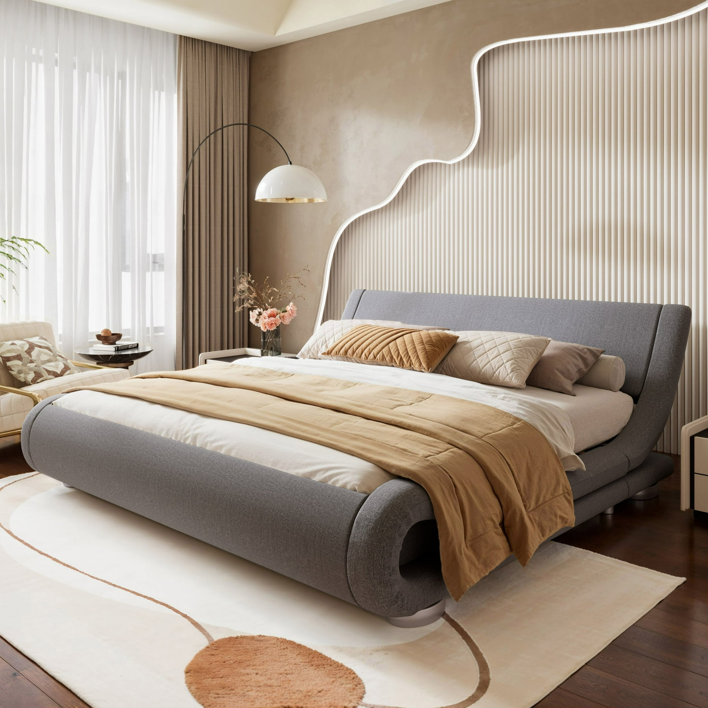 Faux Leather Upholstered Bed with Curved Adjustable Headboard, 10'' Mattress Recommended