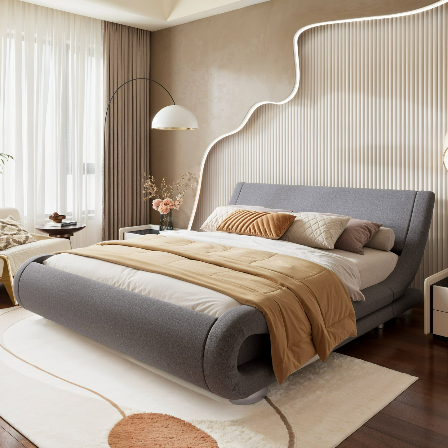 Faux Leather Upholstered Bed with Curved Adjustable Headboard, 10'' Mattress Recommended