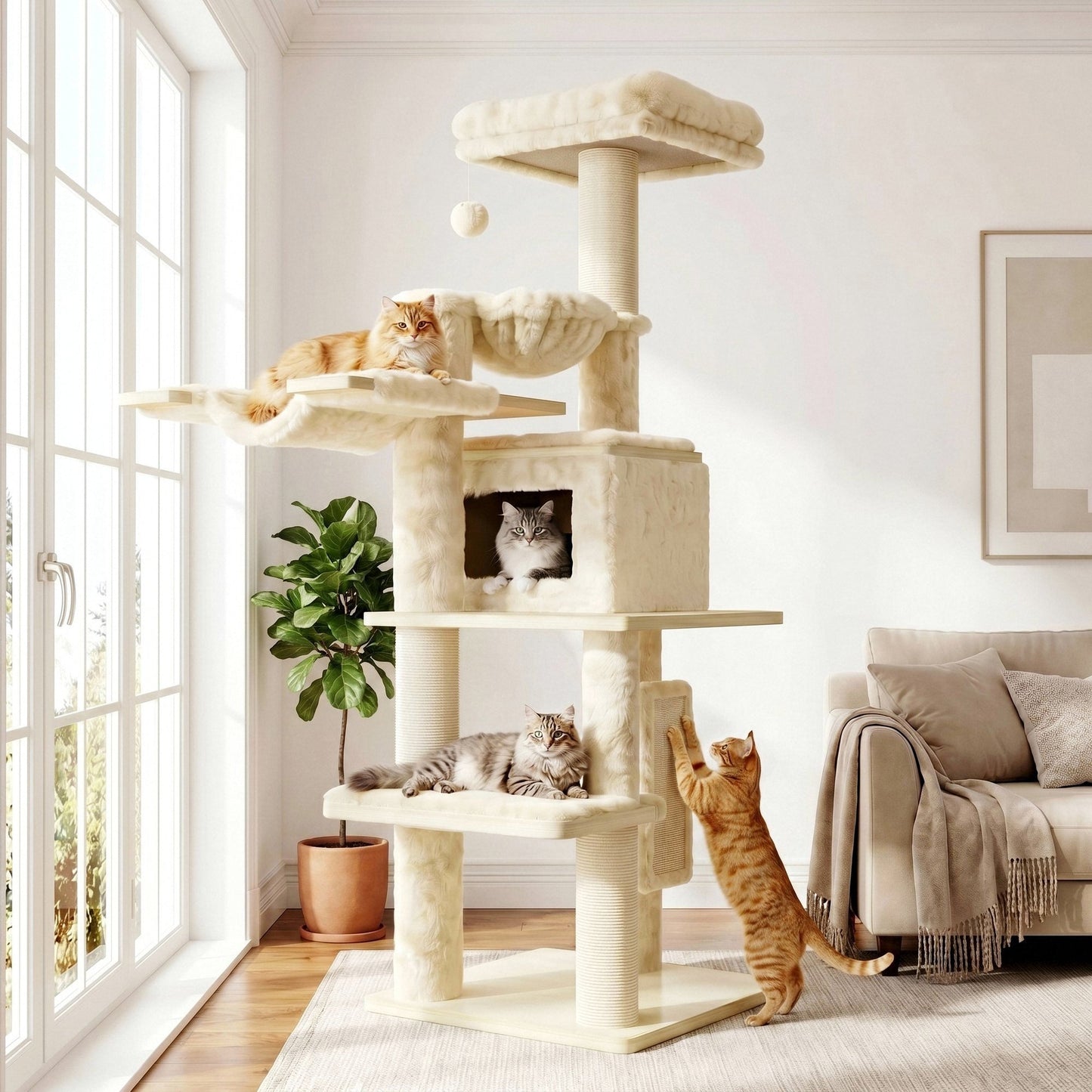 Amolife 77" Multi-Level Large Cat Tree Tower with Hiding Condos, Hammocks and Scratching Posts, Heavy Duty