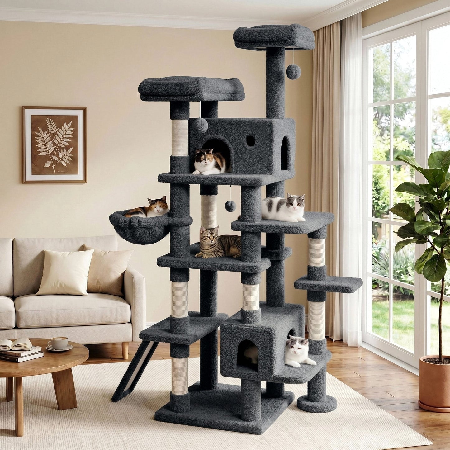 Amolife 82" Multi-Level Large Cat Tree Tower with Hiding Condos, Velvet Basket and Scratching Posts, Heavy Duty