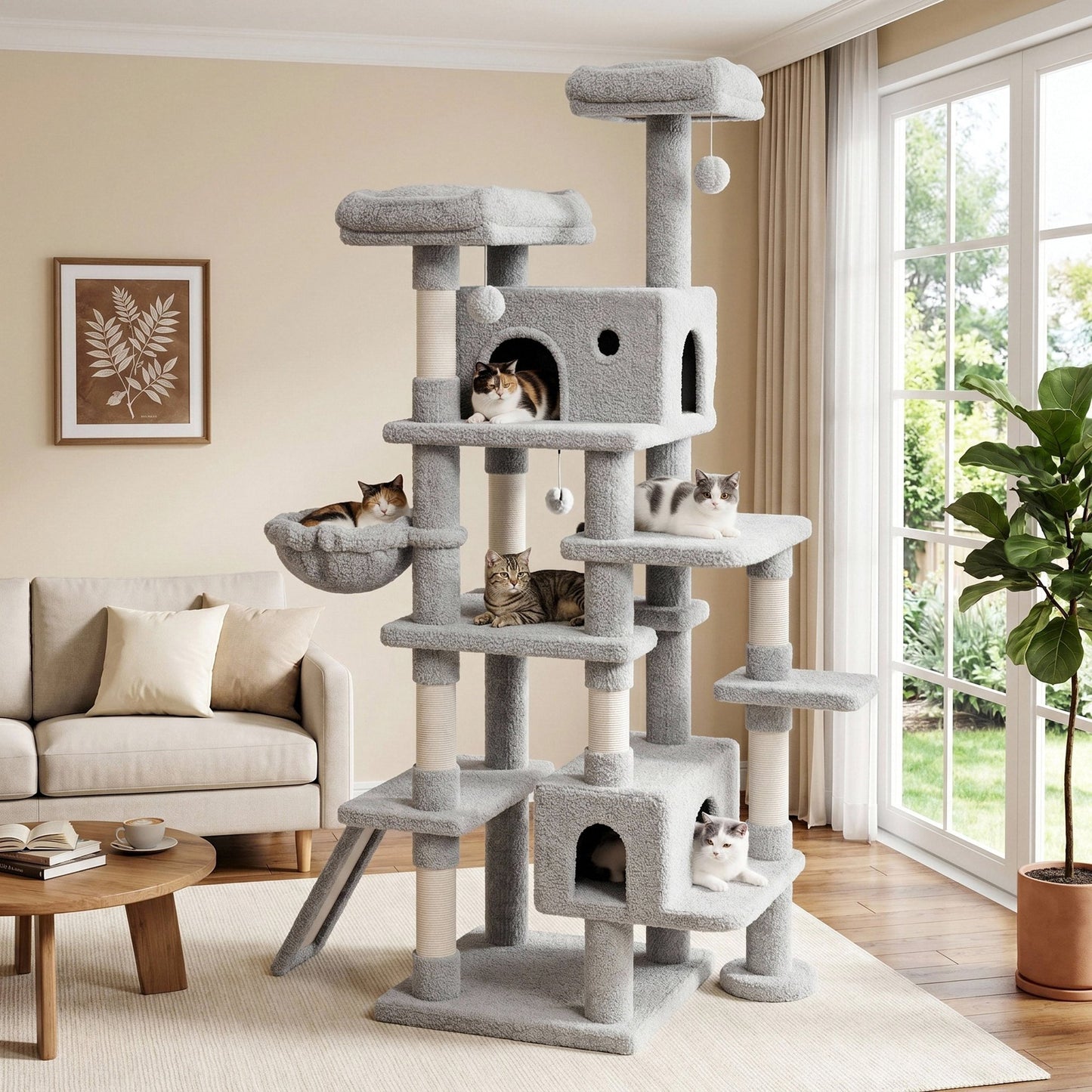 Amolife 82" Multi-Level Large Cat Tree Tower with Hiding Condos, Velvet Basket and Scratching Posts, Heavy Duty