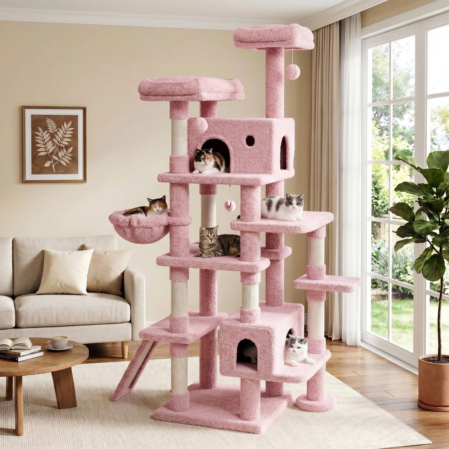 Amolife 82" Multi-Level Large Cat Tree Tower with Hiding Condos, Velvet Basket and Scratching Posts, Heavy Duty