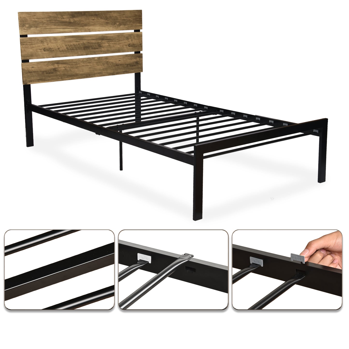 Twin Size Platform Bed Frame with Wood Headboard, Rustic Country Style, Black Powder Coating, Light Brown