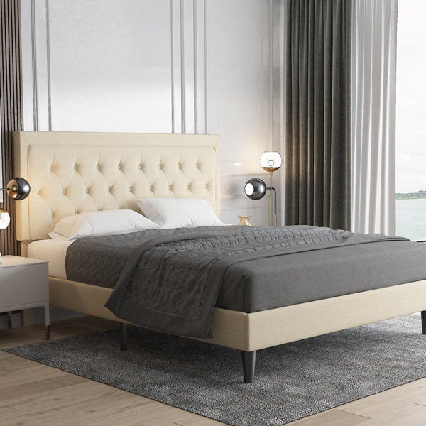 Fabric Upholstered Button Tufted Platform Bed Frame with Adjustable Headboard