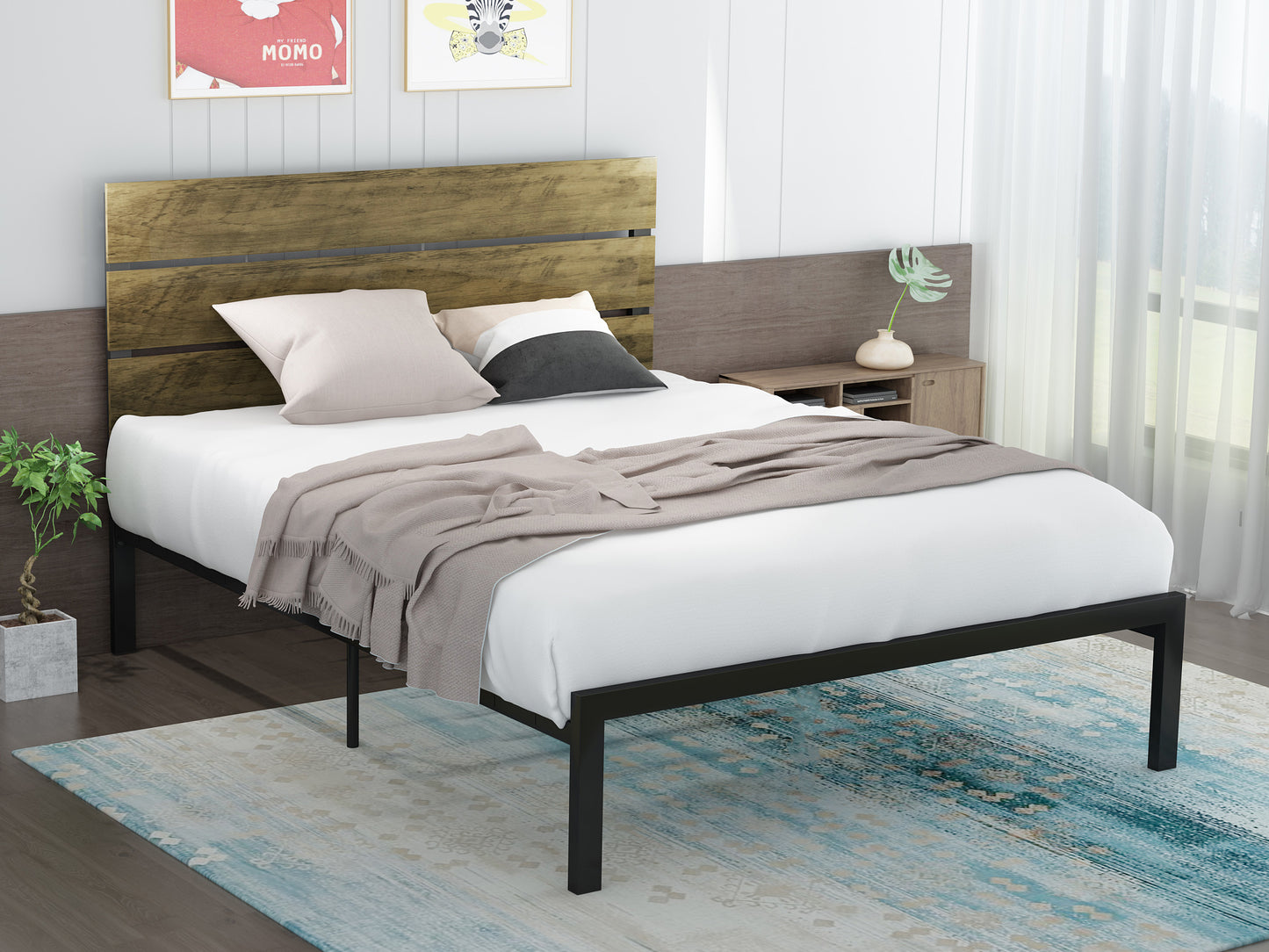 Twin Size Platform Bed Frame with Wood Headboard, Rustic Country Style, Black Powder Coating, Light Brown