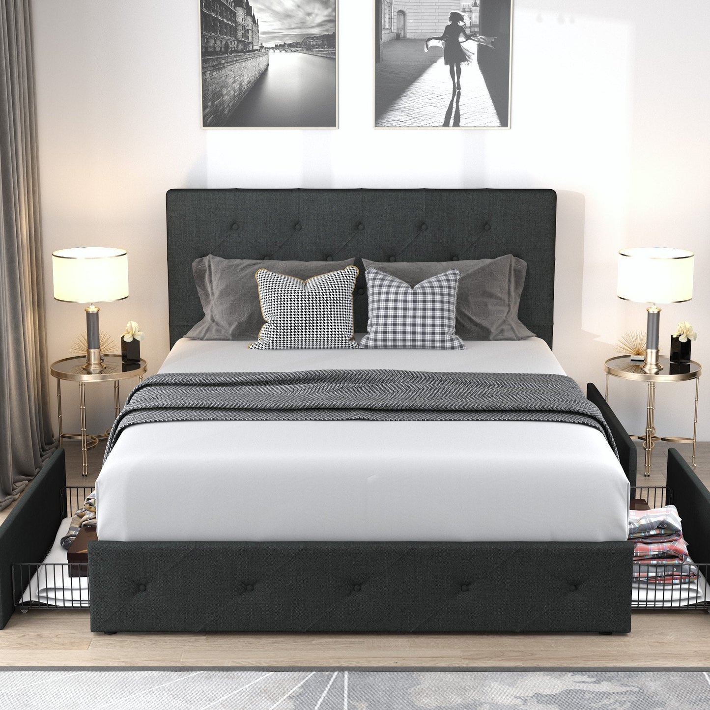 Upholstered Bed Frame with 4 Drawers Storage and Headboard