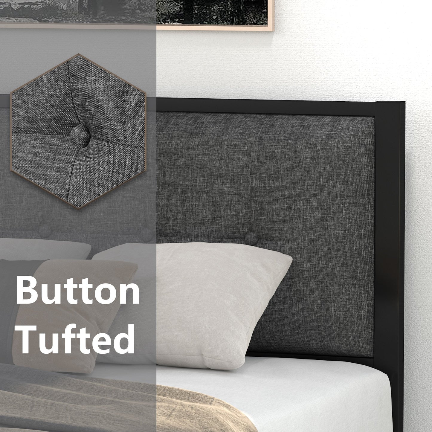 Bed Frame with Upholstered Button Tufted Square Stitch Headboard