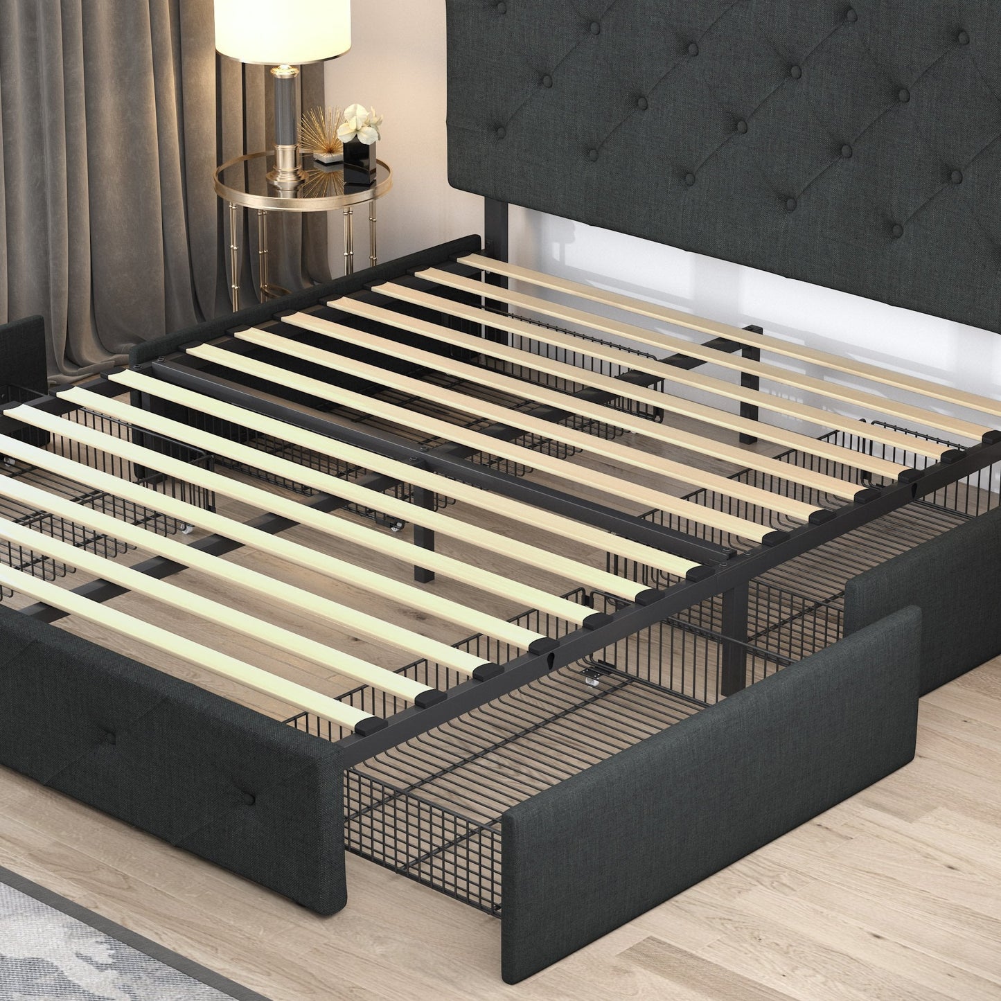 Upholstered Bed Frame with 4 Drawers Storage and Headboard