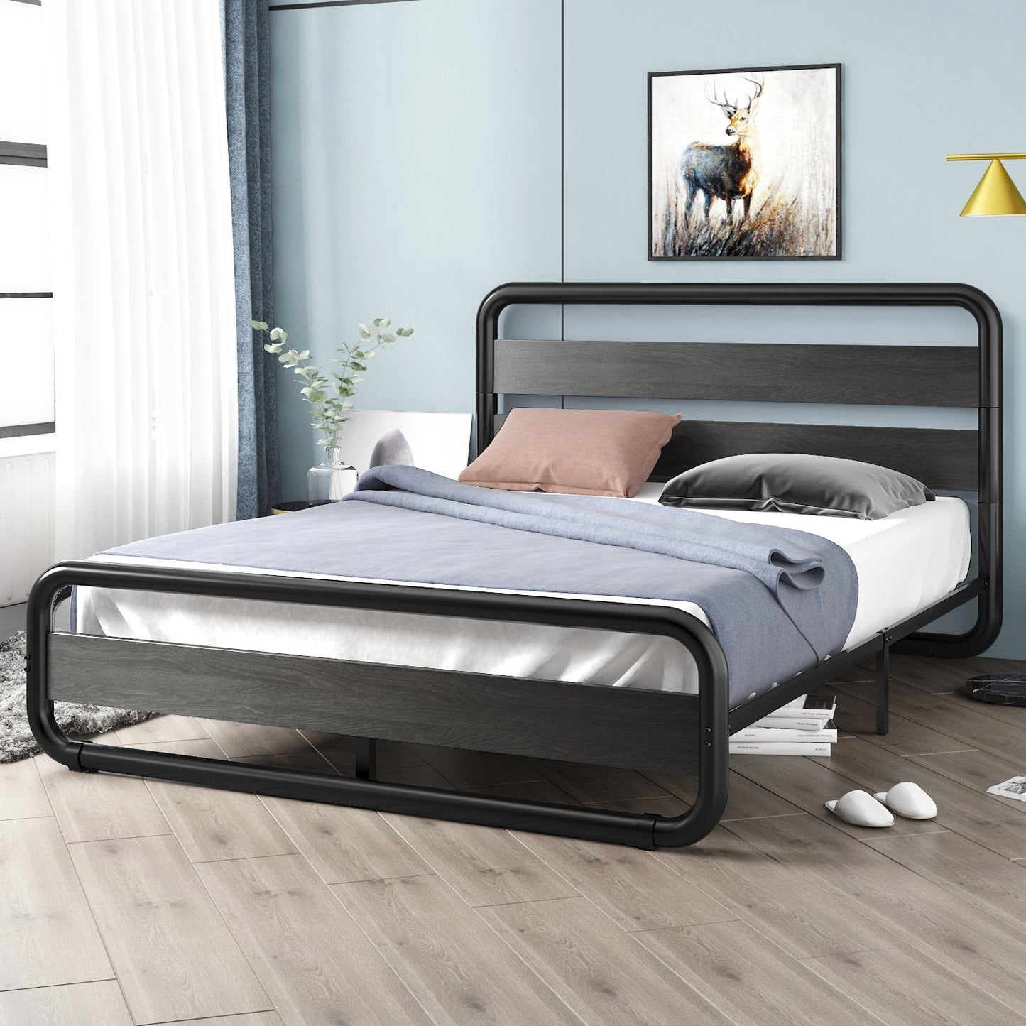 Metal Bed Frame with Wooden Headboard & Footboard, Noise Free, No Box Spring Needed