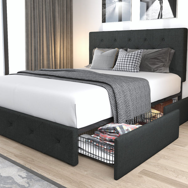 Upholstered Bed Frame with 4 Drawers Storage and Headboard