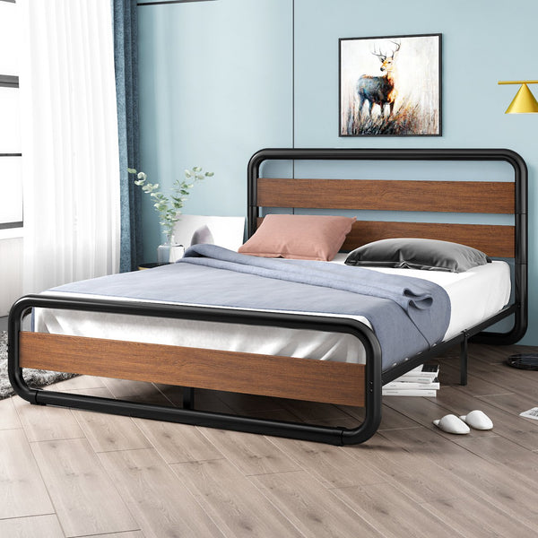 Metal Bed Frame with Wooden Headboard & Footboard, Noise Free, No Box Spring Needed
