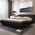 Faux Leather Upholstered Bed with Curved Adjustable Headboard, 10'' Mattress Recommended