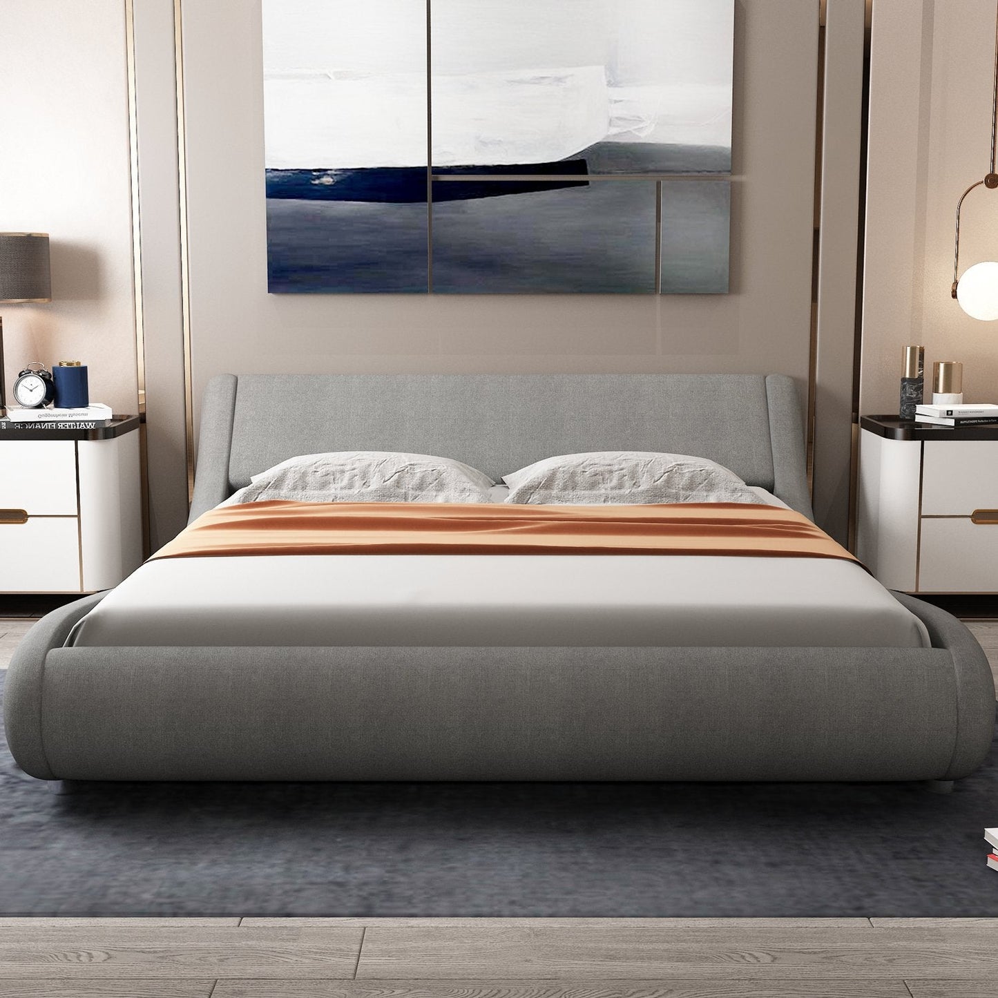 Faux Leather Upholstered Bed with Curved Adjustable Headboard, 10'' Mattress Recommended