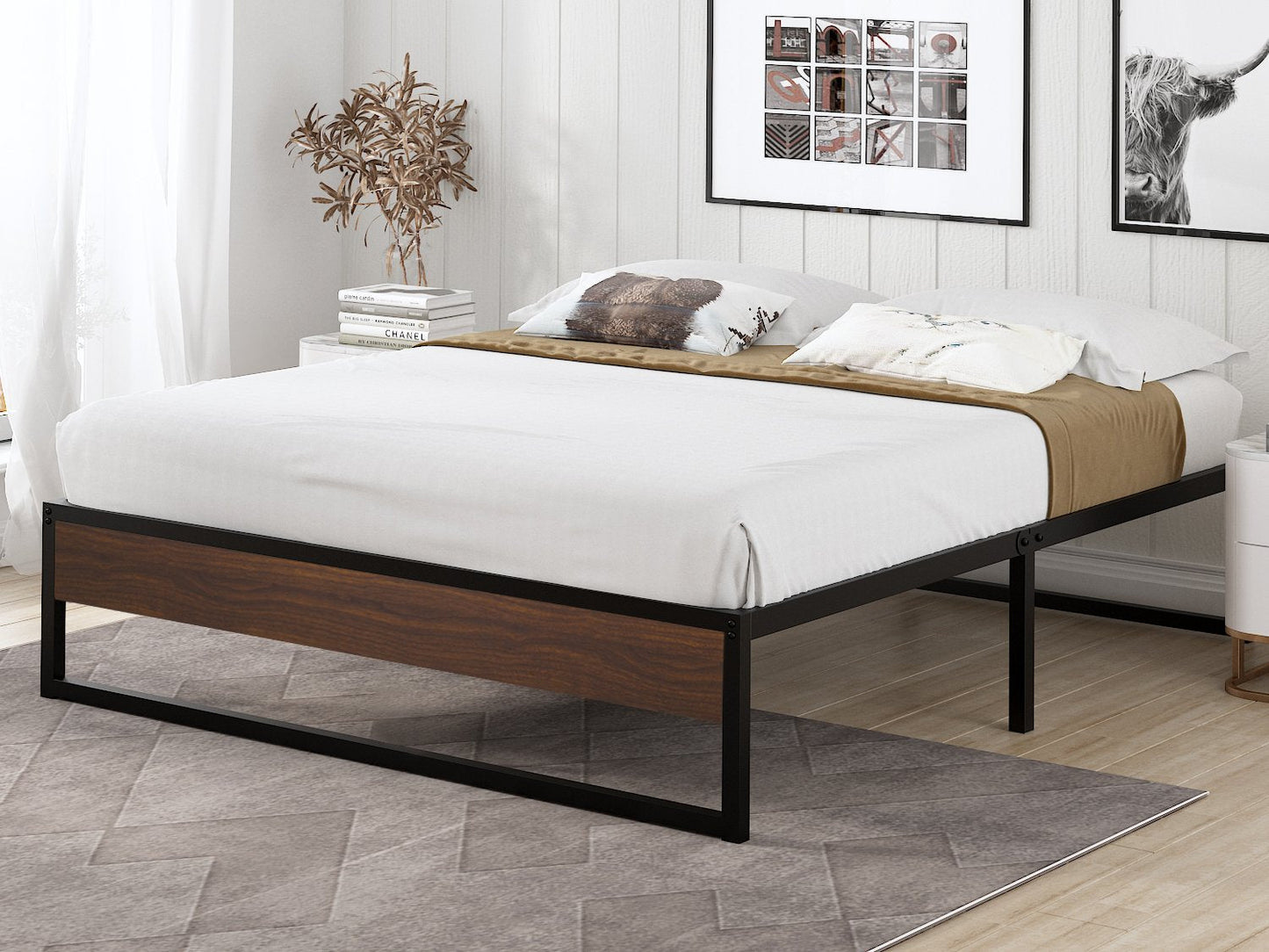 14 Inch Metal Bed Frame with Storage, Mattress Foundation with Rustic Wood