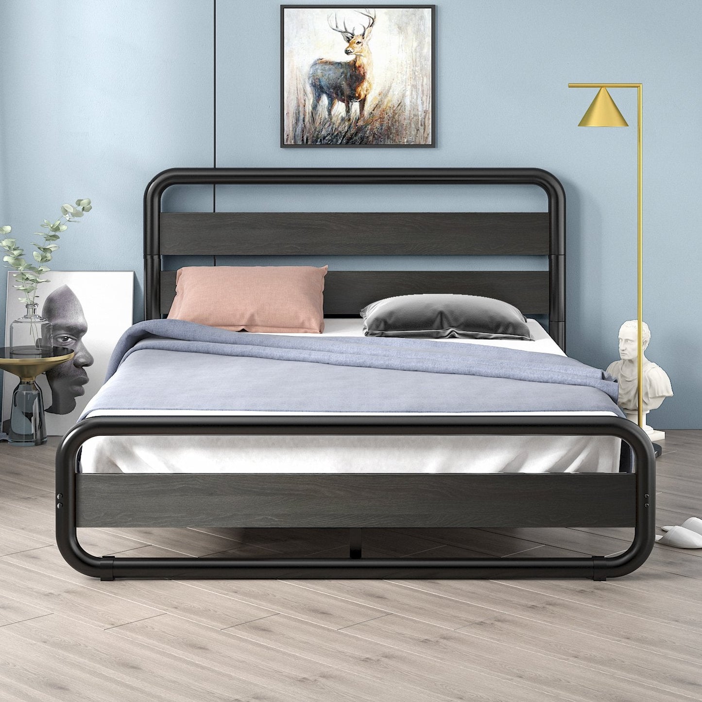 Metal Bed Frame with Wooden Headboard & Footboard, Noise Free, No Box Spring Needed