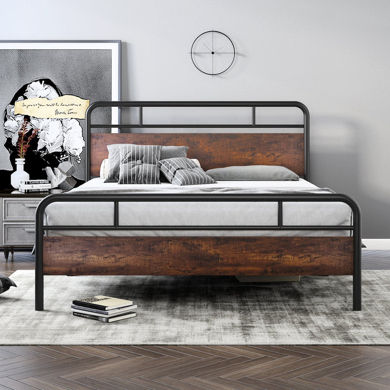 Heavy Duty Bed Frames with Modern Wood Headboard, Metal Platform Bed with Frosted Iron Frame