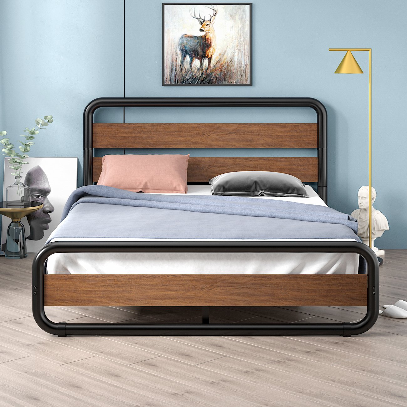 Metal Bed Frame with Wooden Headboard & Footboard, Noise Free, No Box Spring Needed