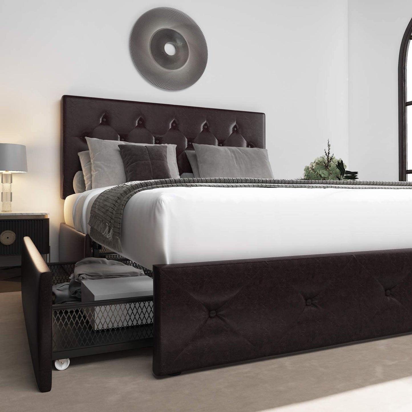 Amolife Faux Leather Platform Bed Frame with 4 Storage Drawers, Button Tufted Style Hedboard