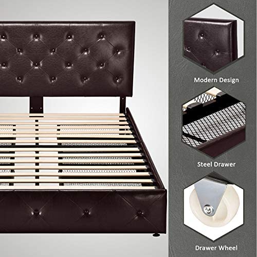 Amolife Faux Leather Platform Bed Frame with 4 Storage Drawers, Button Tufted Style Hedboard