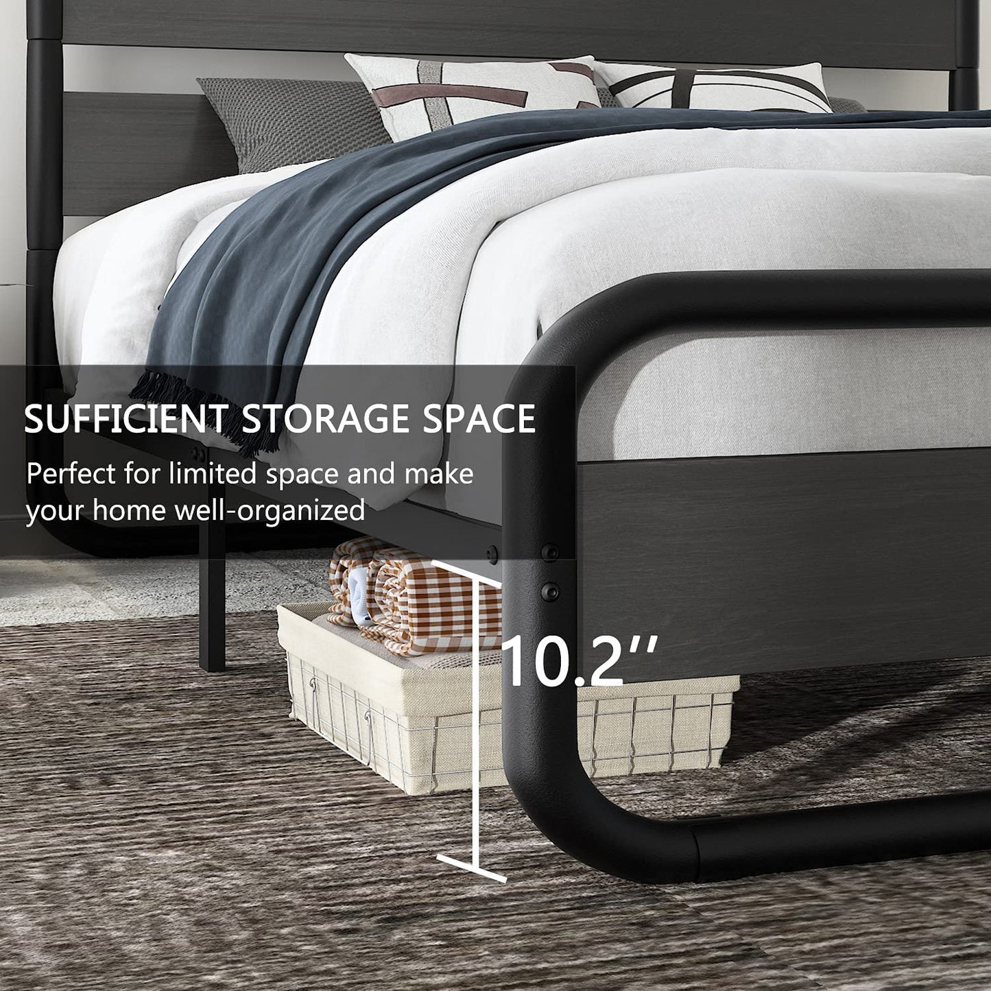 Metal Bed Frame with Wooden Headboard & Footboard, Noise Free, No Box Spring Needed