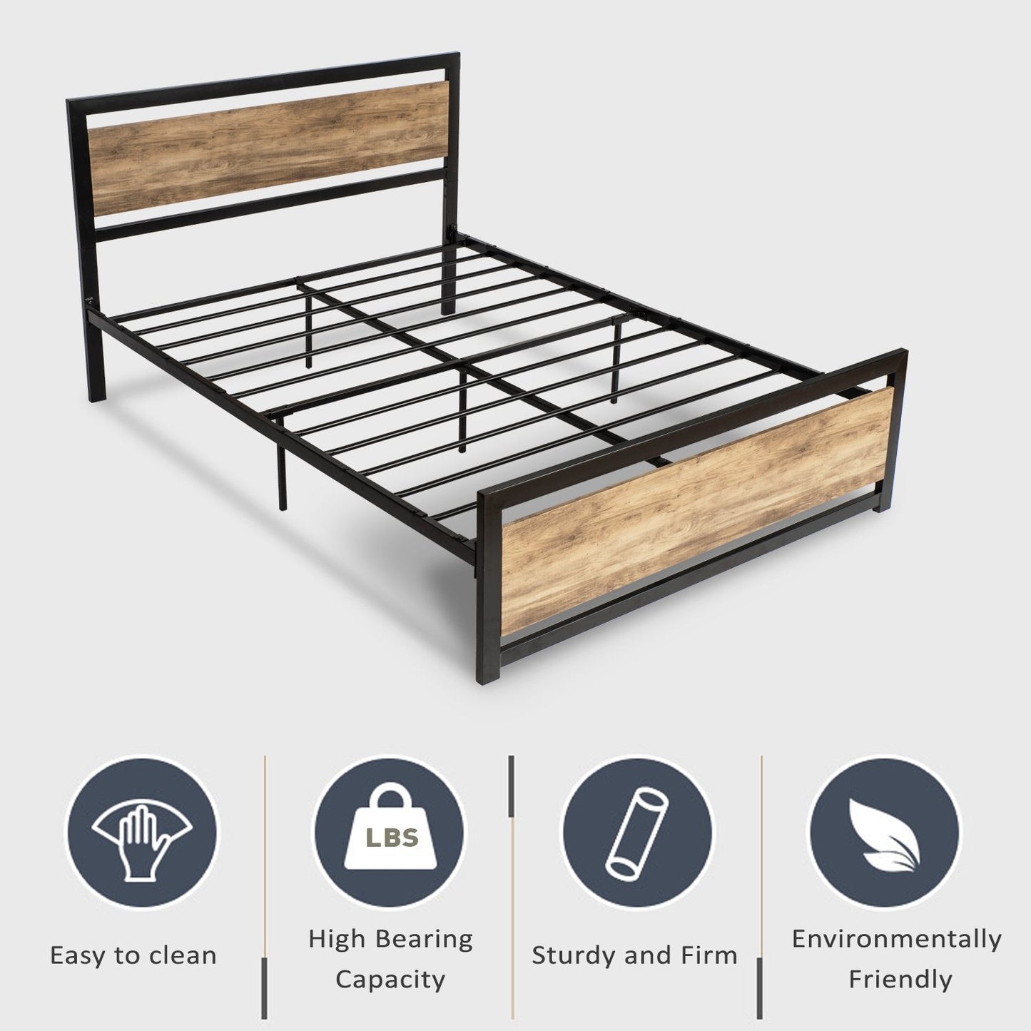Heavy Duty Platform Bed, Metal Bed Frame with Modern Wooden Headboard & Footboard
