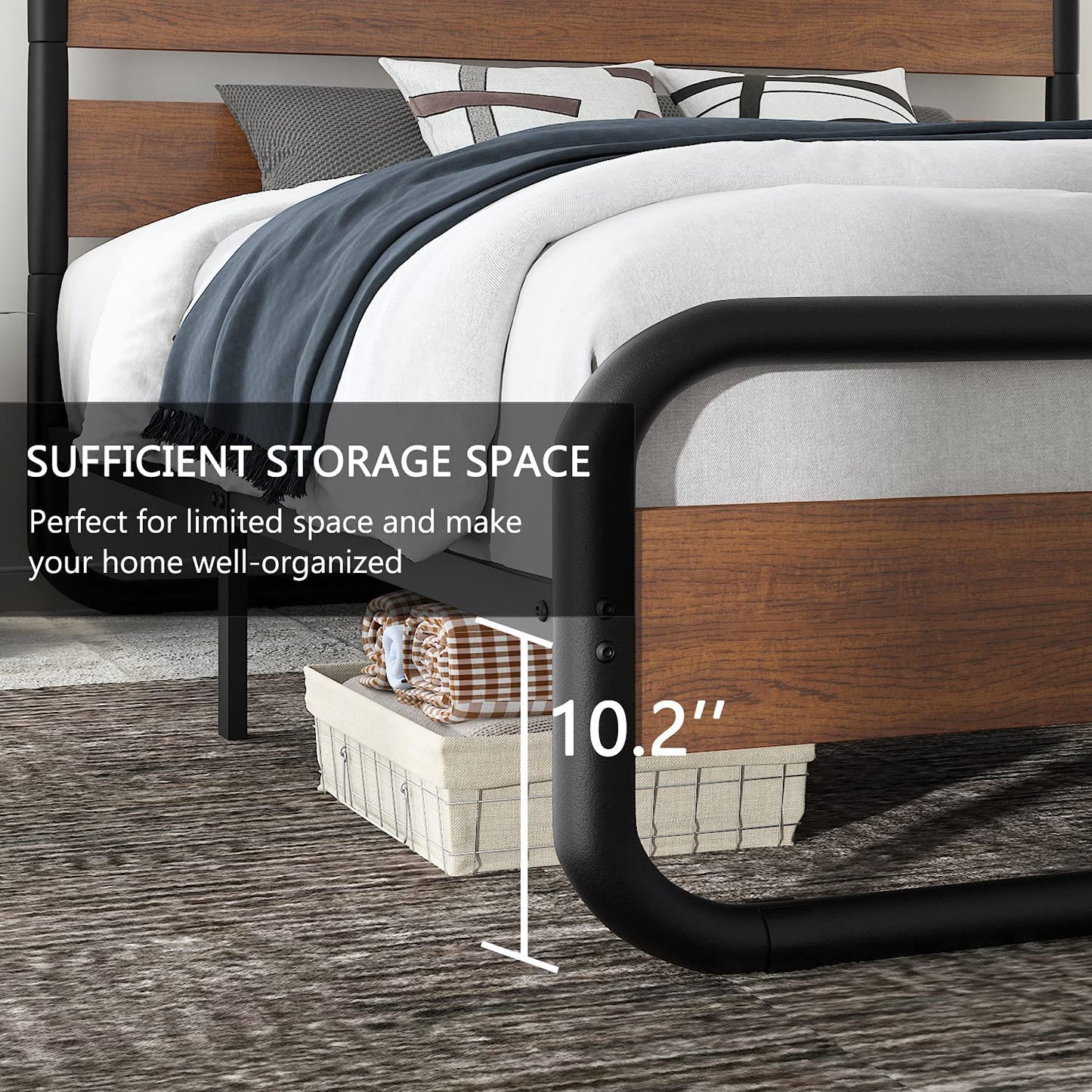 Metal Bed Frame with Wooden Headboard & Footboard, Noise Free, No Box Spring Needed