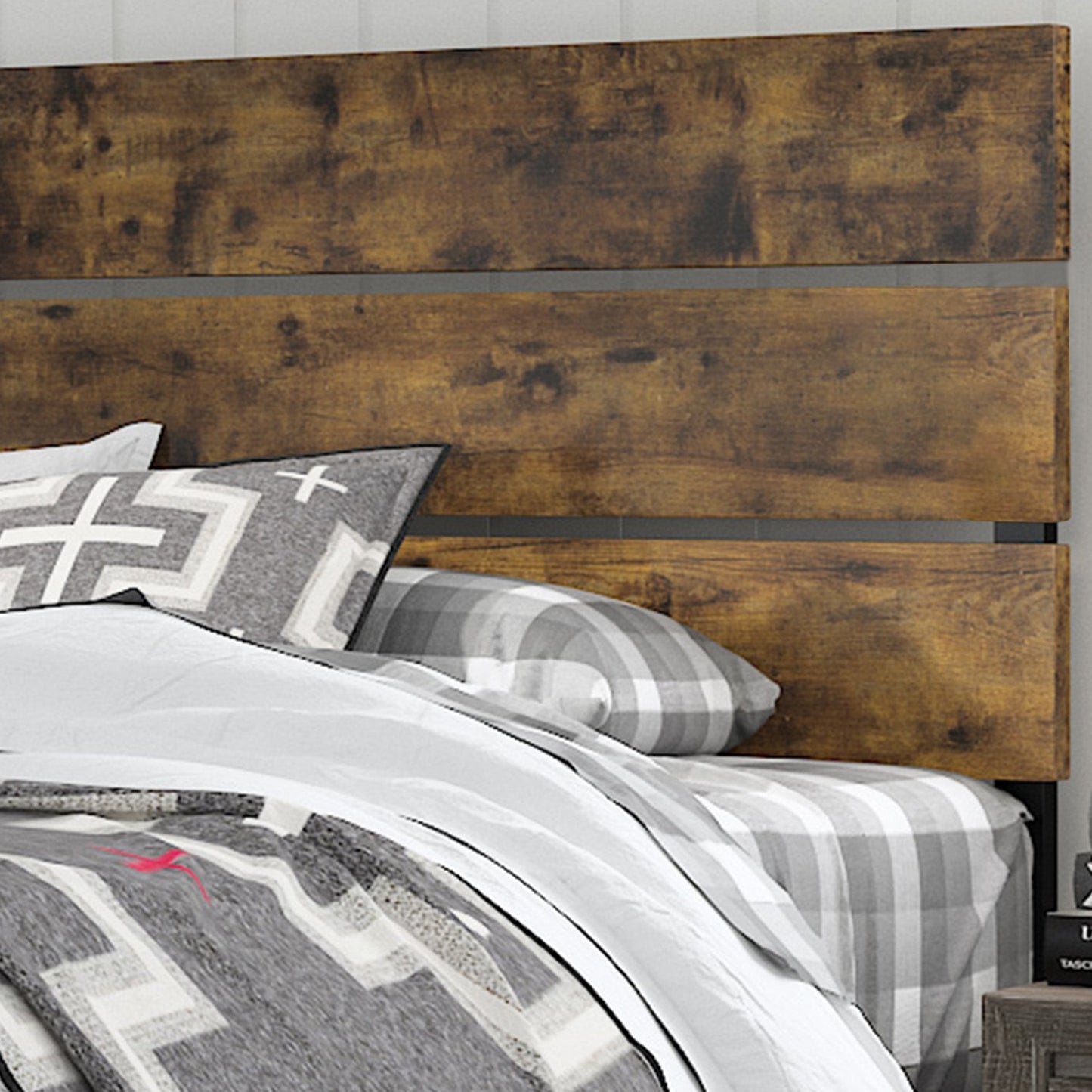 Platform Bed Frame with Wood headboard and Metal Slats / Rustic Country Style Mattress Foundation