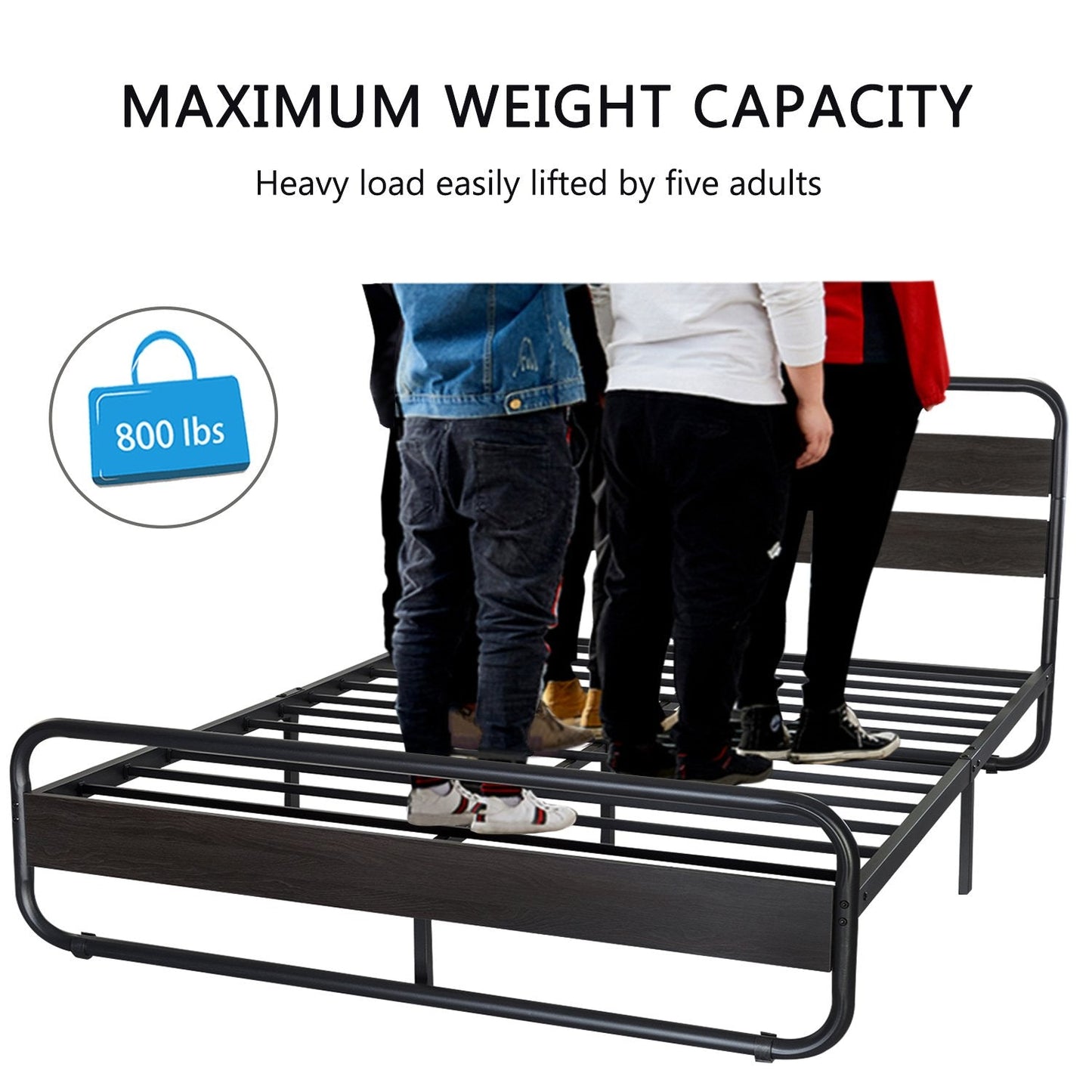 Metal Bed Frame with Wooden Headboard & Footboard, Noise Free, No Box Spring Needed