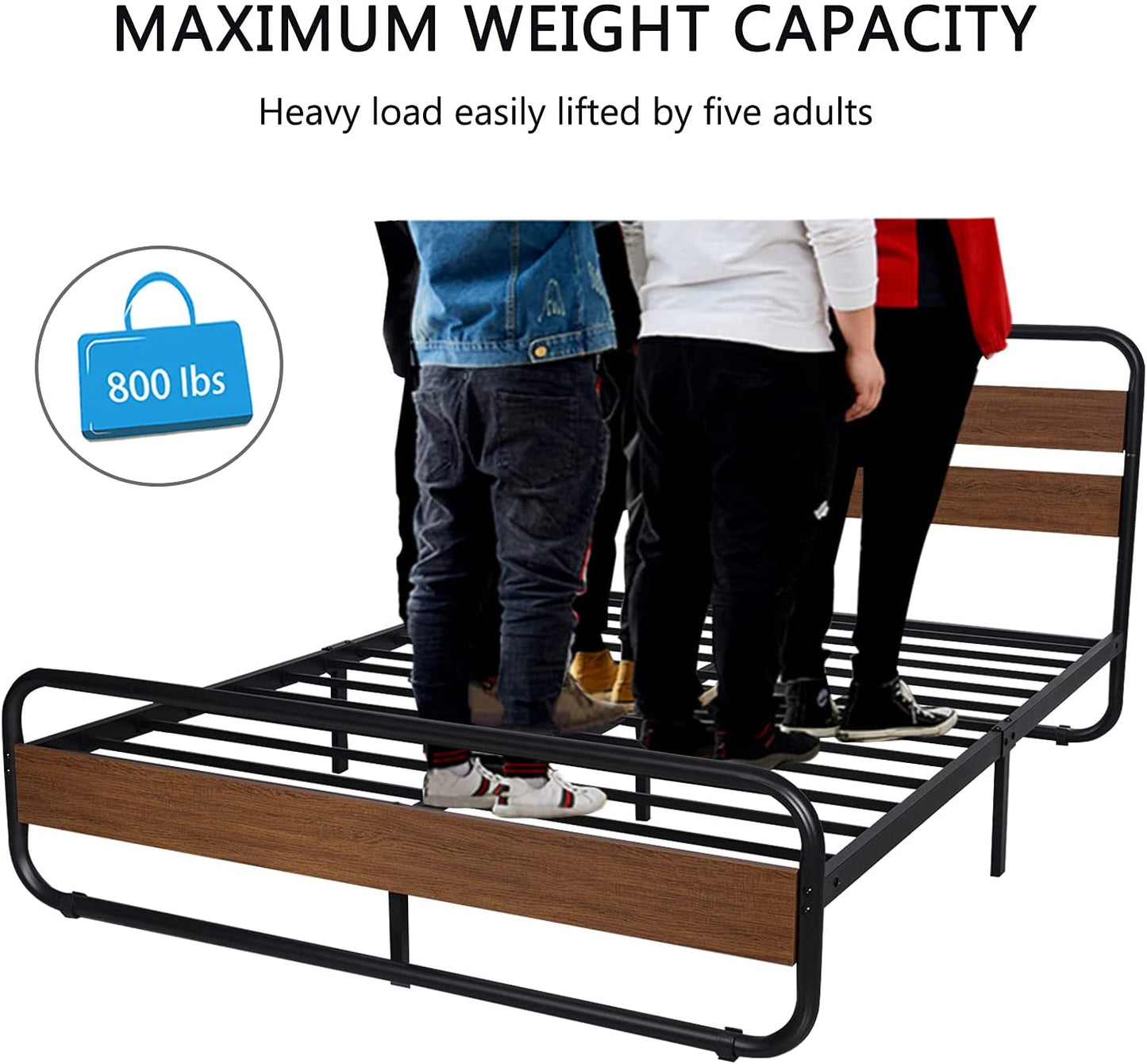 Metal Bed Frame with Wooden Headboard & Footboard, Noise Free, No Box Spring Needed
