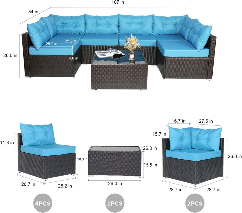 7 Pieces Patio Furniture Sets with Heavy Duty Steel Frames, All-Weather Rattan Outdoor Sectional Sofa with Tea Table