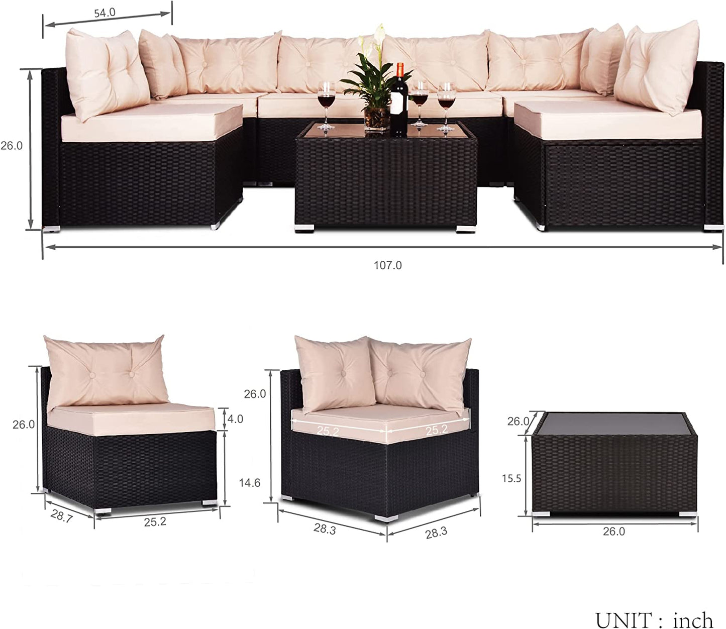 7 Pieces Patio Furniture Sets with Heavy Duty Steel Frames, All-Weather Rattan Outdoor Sectional Sofa with Tea Table