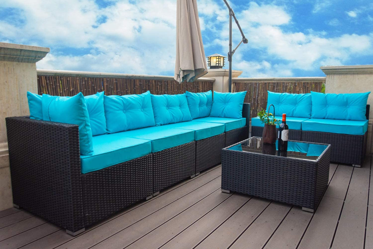 7 Pieces Patio Furniture Sets with Heavy Duty Steel Frames, All-Weather Rattan Outdoor Sectional Sofa with Tea Table