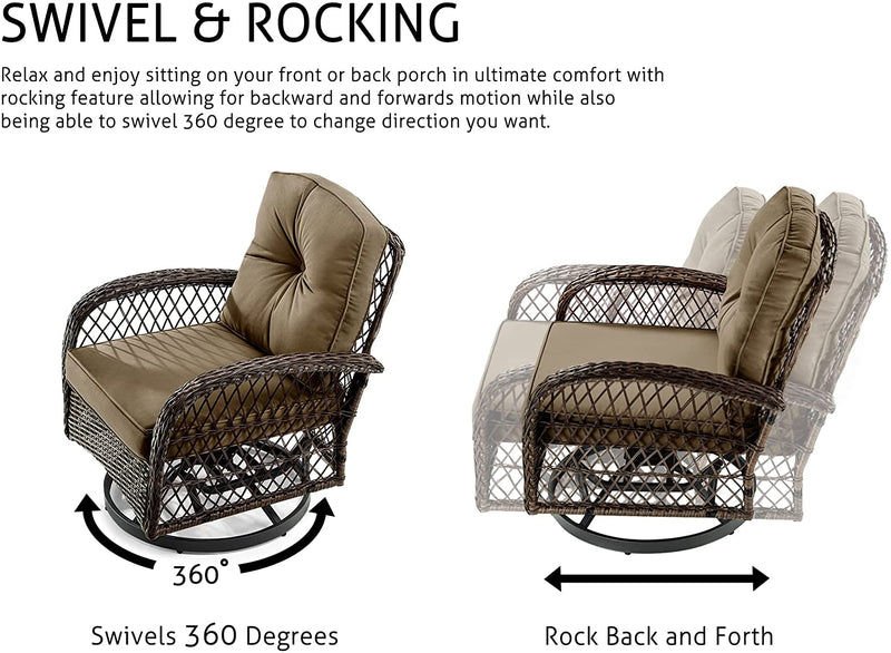 3 Pieces Patio Furniture Set, Outdoor Swivel Glider Rocker, Wicker Patio Bistro Set with Rocking Chair, Cushions and Table
