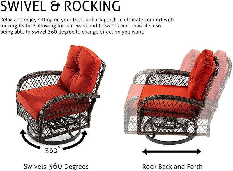 3 Pieces Patio Furniture Set, Outdoor Swivel Glider Rocker, Wicker Patio Bistro Set with Rocking Chair, Cushions and Table