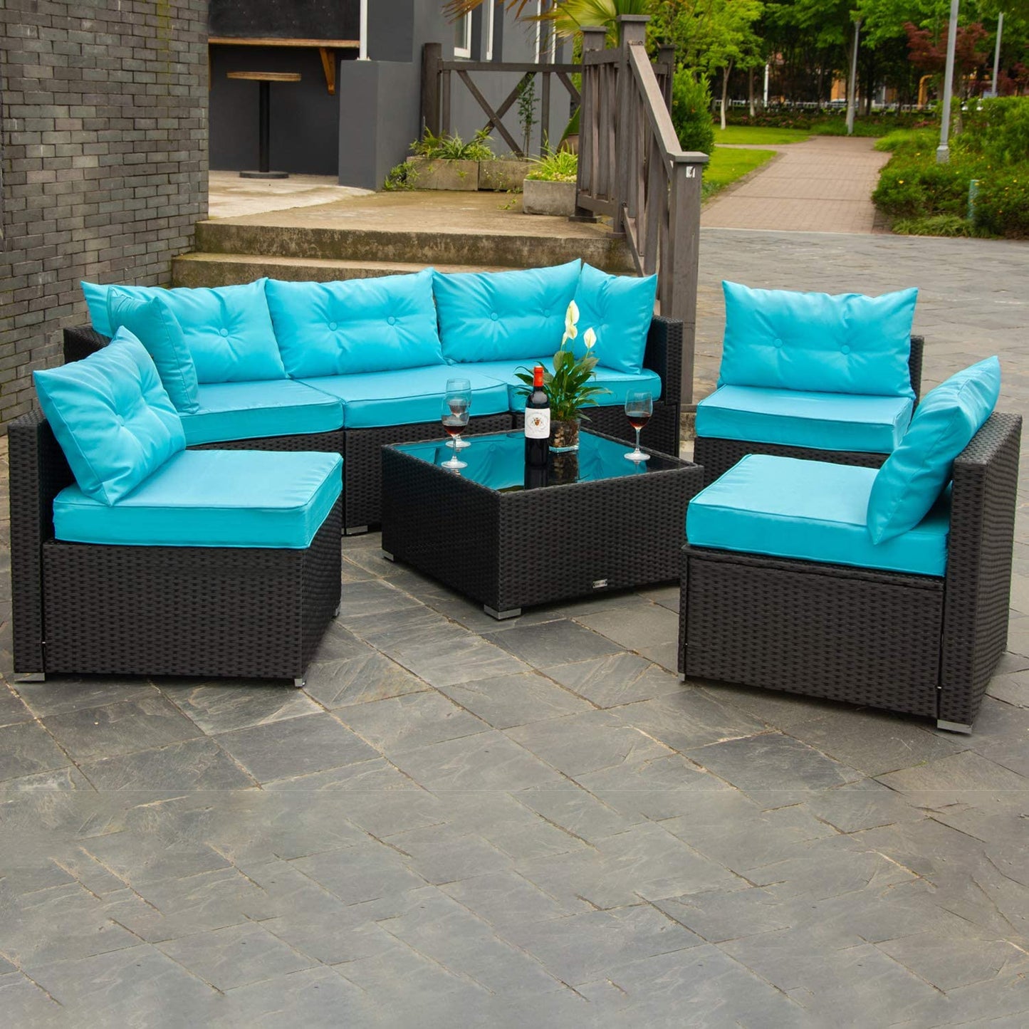 7 Pieces Patio Furniture Sets with Heavy Duty Steel Frames, All-Weather Rattan Outdoor Sectional Sofa with Tea Table