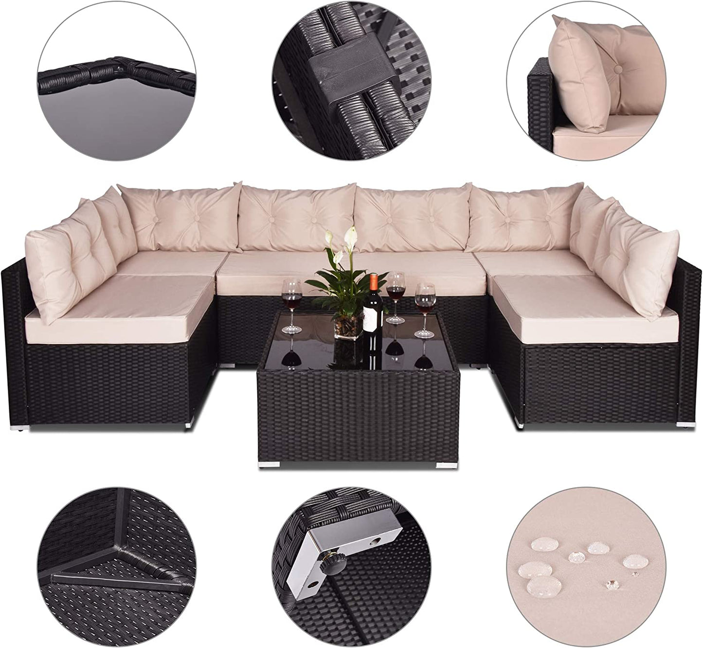 7 Pieces Patio Furniture Sets with Heavy Duty Steel Frames, All-Weather Rattan Outdoor Sectional Sofa with Tea Table