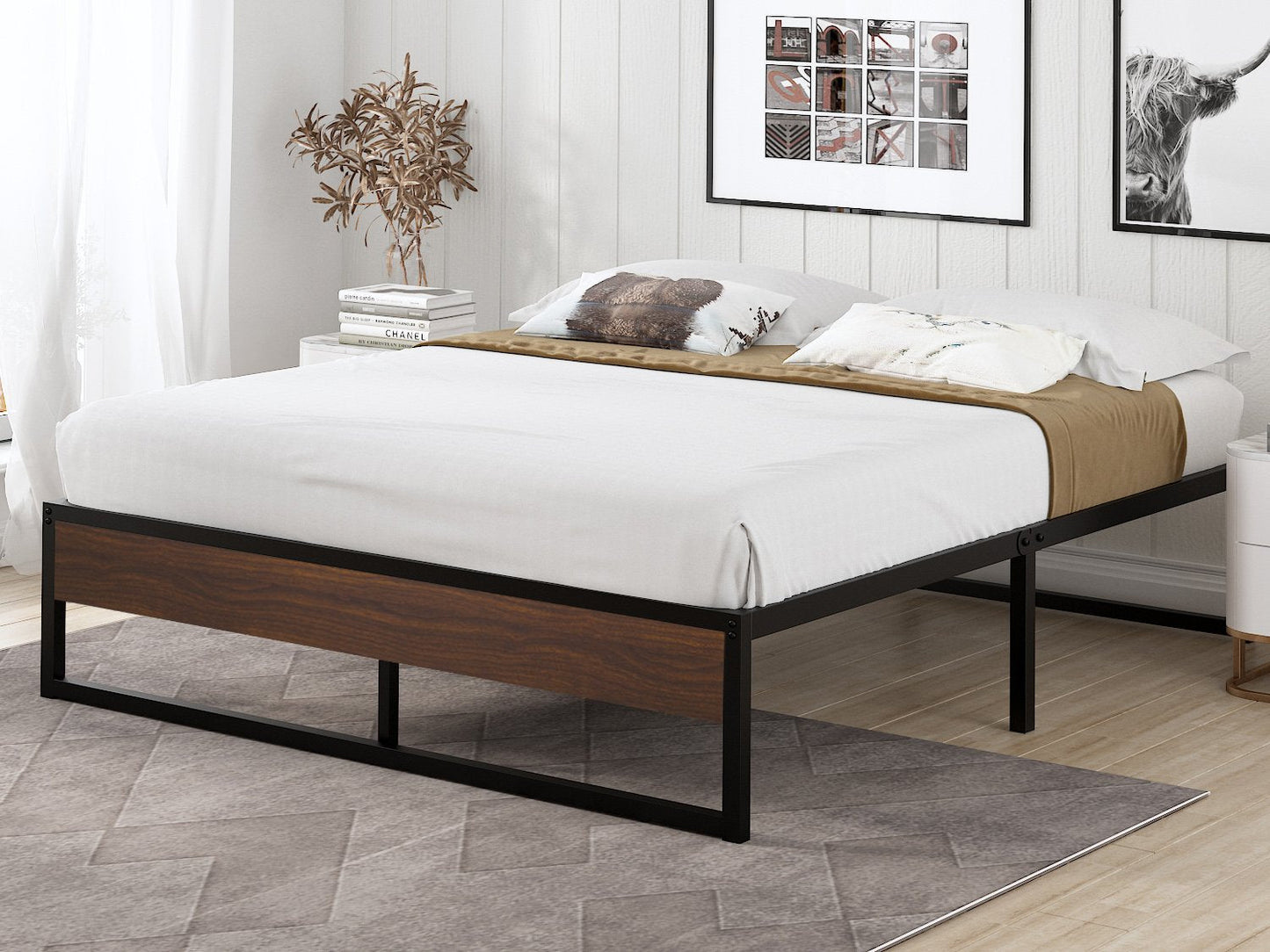 14 Inch Metal Bed Frame with Storage, Mattress Foundation with Rustic Wood