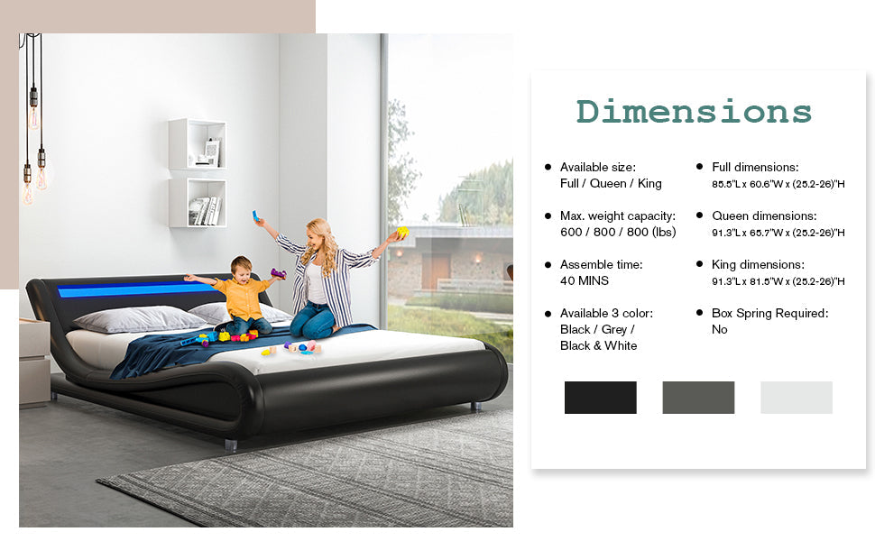 Wave Like Curve Deluxe Upholstered Modern Bed Frame with LED Headboard
