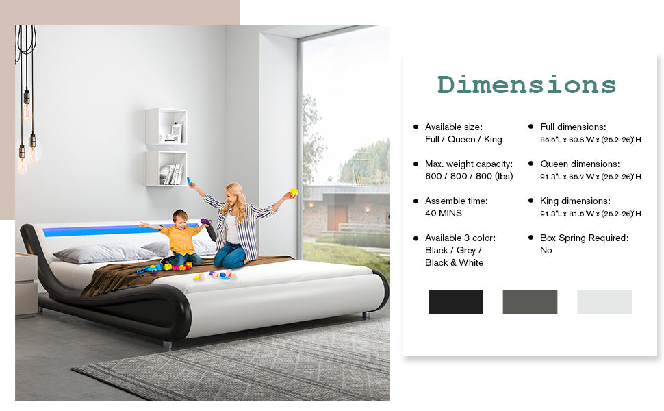 Wave Like Curve Deluxe Upholstered Modern Bed Frame with LED Headboard