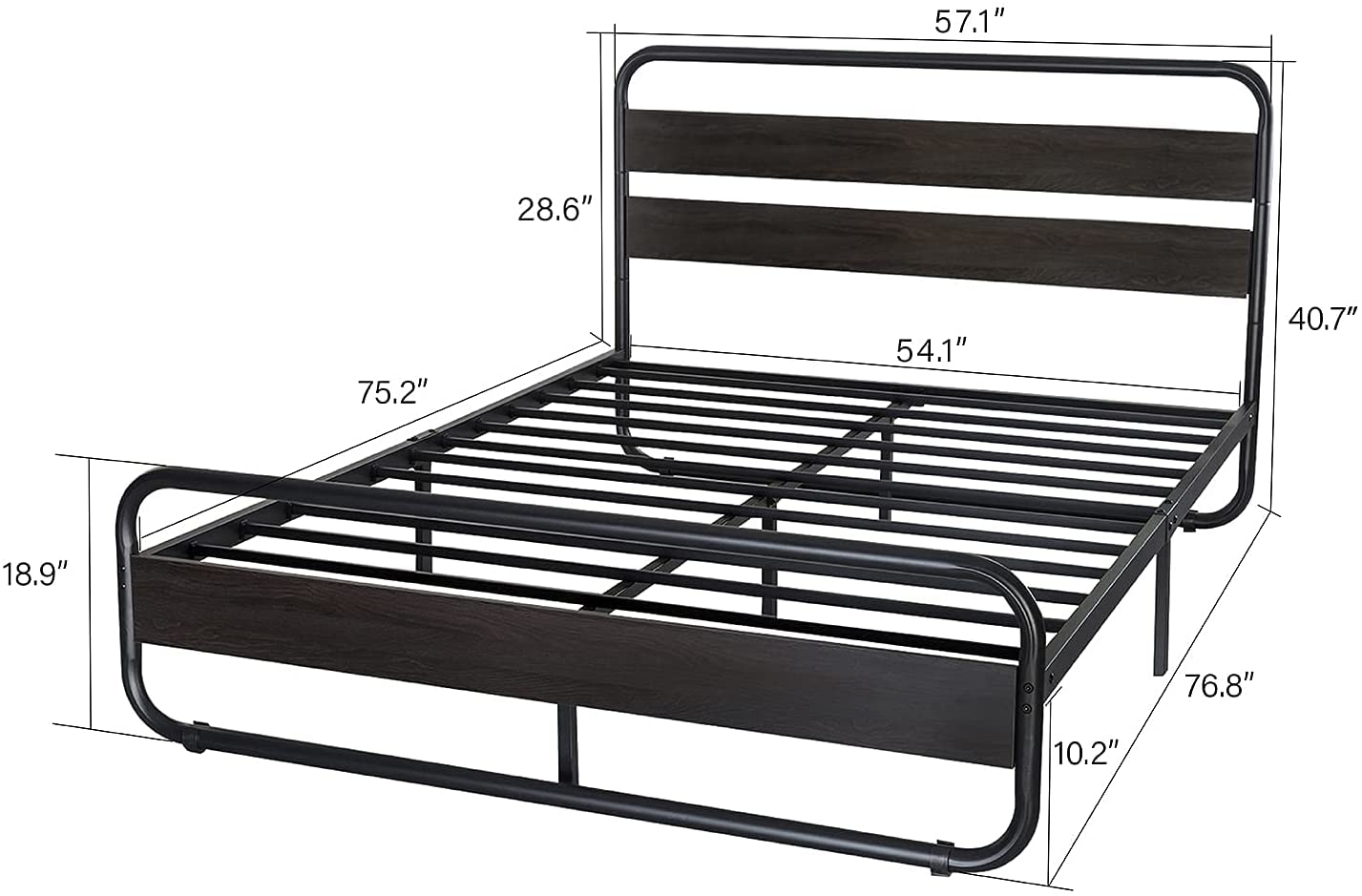 Metal Bed Frame with Wooden Headboard & Footboard, Noise Free, No Box Spring Needed