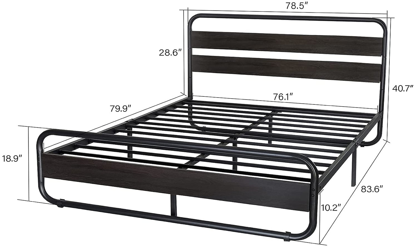 Metal Bed Frame with Wooden Headboard & Footboard, Noise Free, No Box Spring Needed